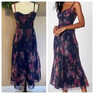 NWOT Lulus Alluring Invite Midnight Blue Floral Pleated Bustier Midi Dress